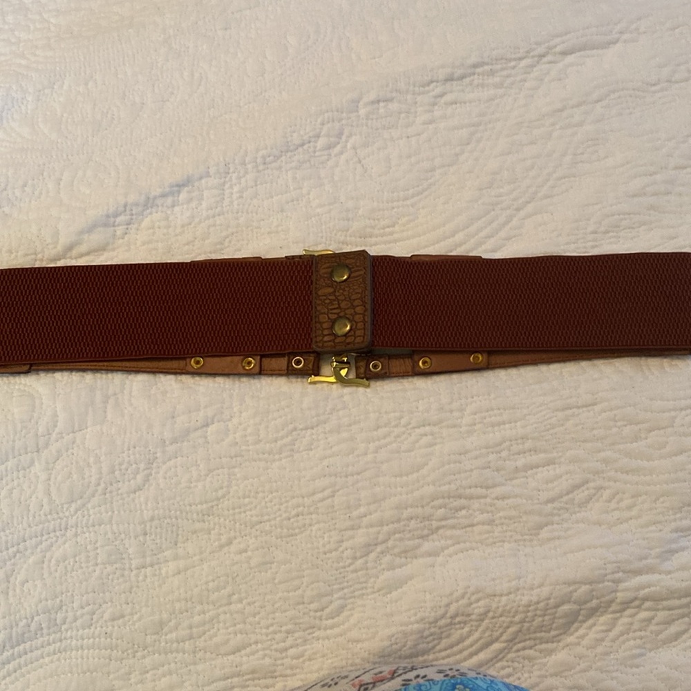 Brown Croc-Embossed Triple Strap Belt with Gold Hardware - Picture 2 of 3